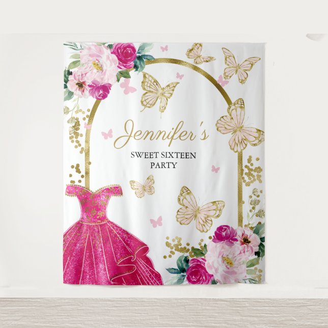 Tenture Décor de fête pour Sweet 16 - Robe florale papillo (Devant)