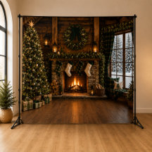 Décor de fond de cabane à cheminée de Noël rustiqu