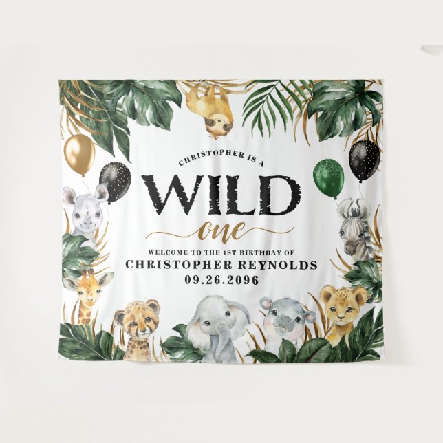 Tenture Décor de fond de fête d'anniversaire de 1 an Wild  (Devant (Horizontal))