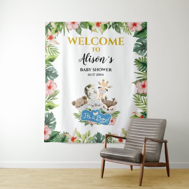 Tenture Décor de fond pour Baby Shower Garçon | Ami Safari (En situation)