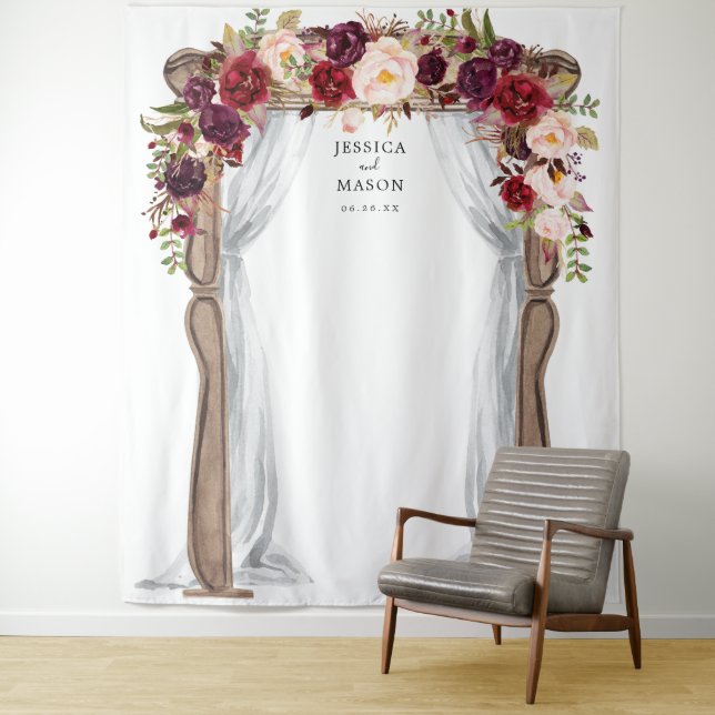 Tenture Décor de mariage bohème bordeaux pour arche de mar (En situation)