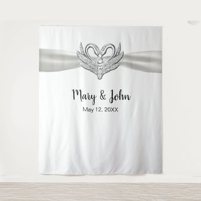 Tenture Décor de mariage Cygnes argentés Ruban blanc (Devant)
