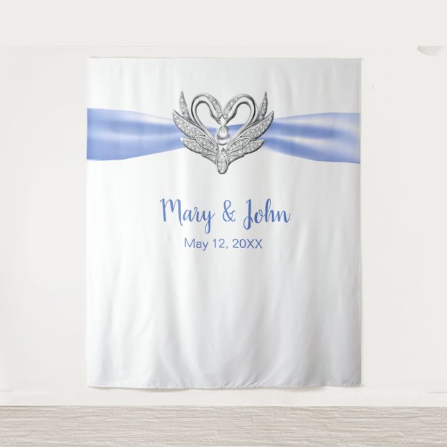 Tenture Décor de mariage Cygnes argentés Ruban bleu (Devant)