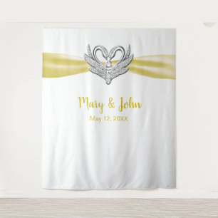 Tenture Décor de mariage Cygnes argentés Ruban jaune