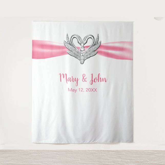 Tenture Décor de mariage Cygnes argentés Ruban rose (Devant)