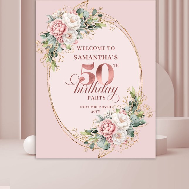Tenture Décoration de fête d'anniversaire 50 ans, Rose Gol (Feminine Rose Gold Floral 50th Birthday Party Decor)