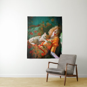 Tenture Décoration murale femme et chat vintage – Fleurs r