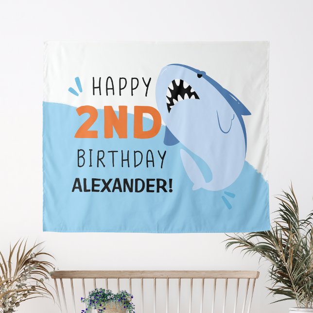 Tenture Décoration personnalisée pour le 2ème anniversaire (Kids 2nd Shark Birthday Party Custom Backdrop Boy
)