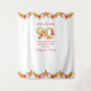 Tenture Décoration pour fête des 90 ans Fleurs Or Chiffre