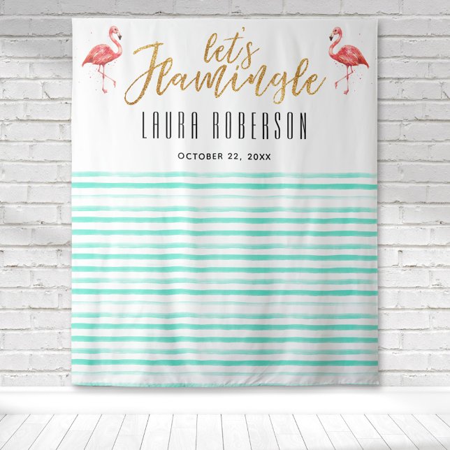 Tenture Décoration pour une Baby Shower Flamant Rose (Pink flamingo teal stripe let's flamingle welcome tapestry great for photo ops and backdrops.)