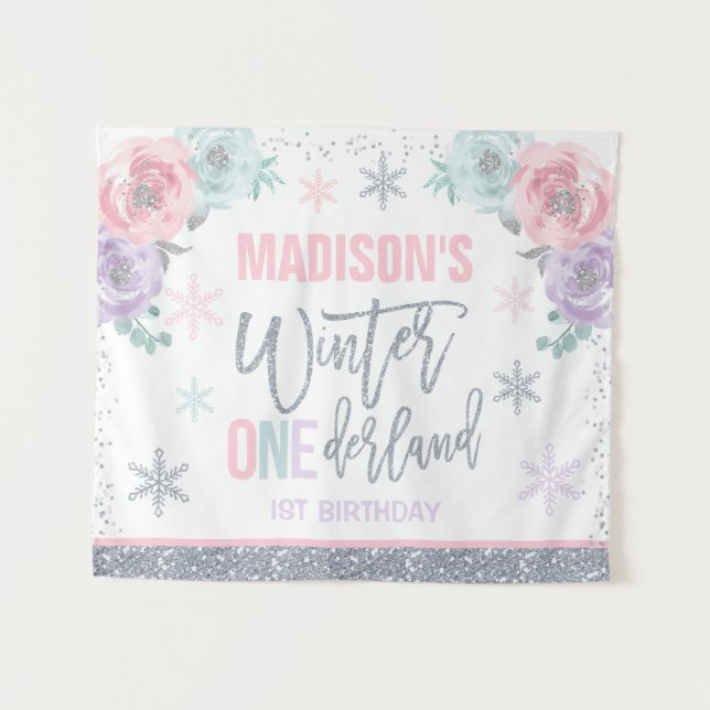 Tenture Décorations d'anniversaire 1 an rose Winter ONEder (Devant (Horizontal))