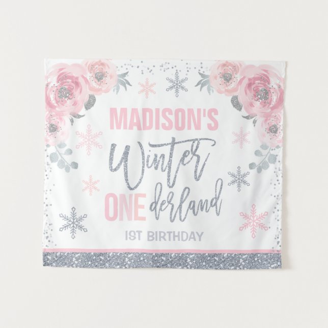Tenture Décorations d'anniversaire rose pour 1 an Winter O (Devant (Horizontal))