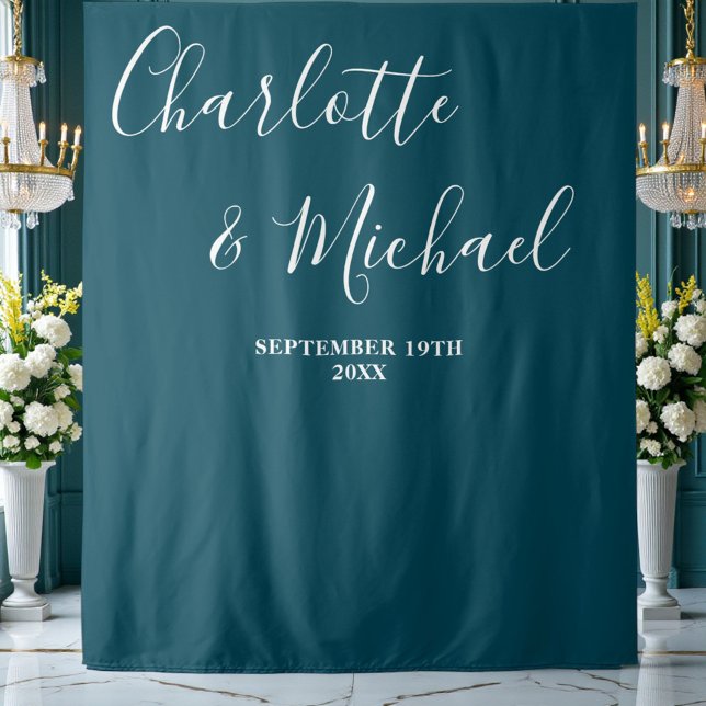 Tenture Deep Teal Script Minimalist Wedding Backdrop (Créateur téléchargé)
