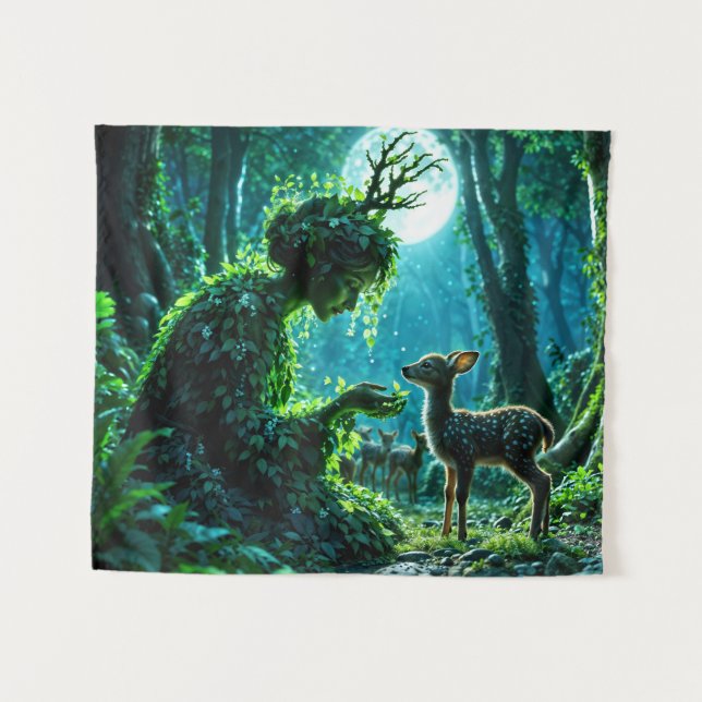 Tenture Déesse boisée fantastique et art de cerf doux (Devant (Horizontal))