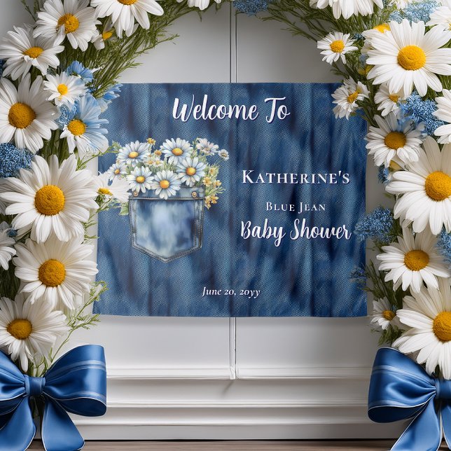 Tenture Denim Blue Jean | Baby shower de marais (Blue Jean Pocket Denim and Daisies Baby Shower Backdrop)
