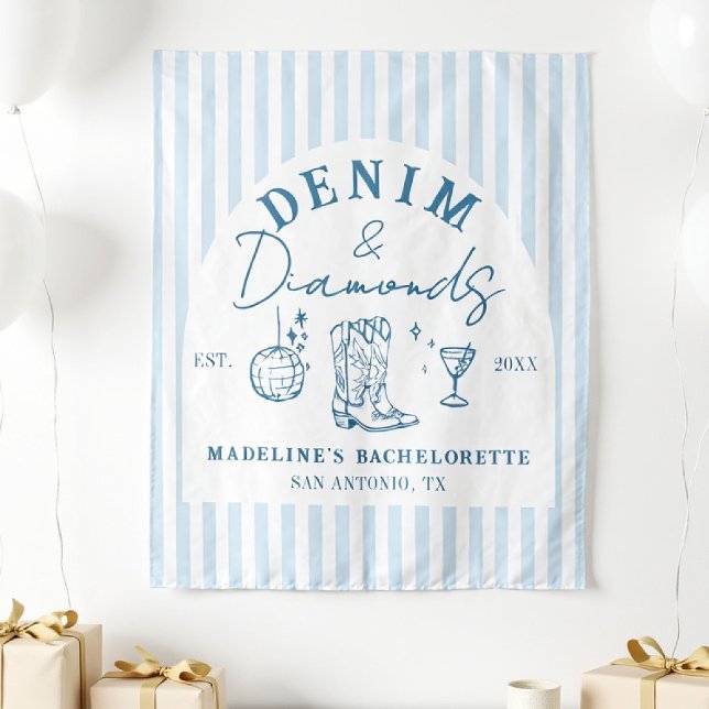Tenture Dénim et diamants Bachelorette fond dessiné (denim diamonds bachelorette backdrop photo booth hand drawn cowgirl blue white stripes)