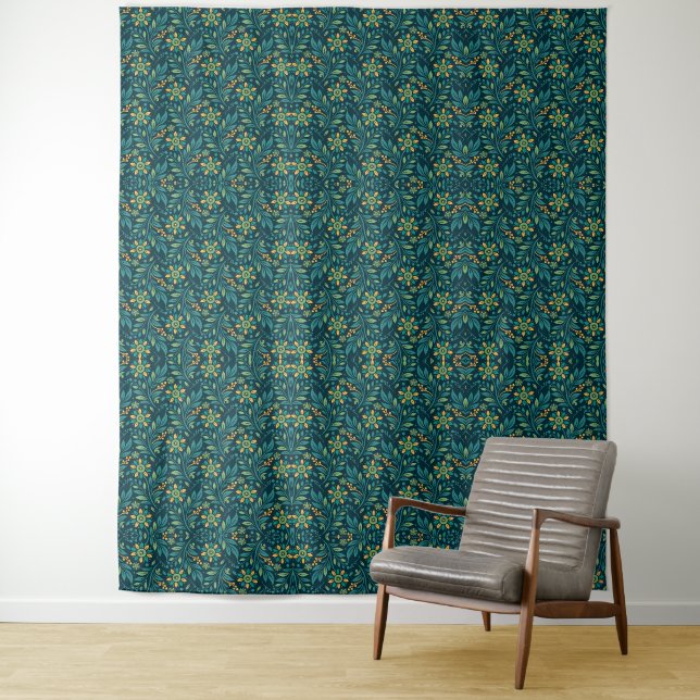 Tenture Design floral élégant jaune et sarcelle (En situation)