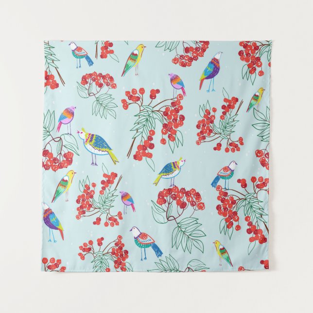 Tenture Design motif d'oiseaux et de baies. (Devant)