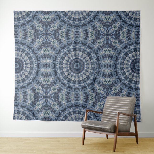 Tenture Design Motif Mandala bleu et argent (En situation (horizontale))