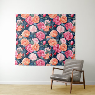 Tenture Design Motif Rose rouge rose orange