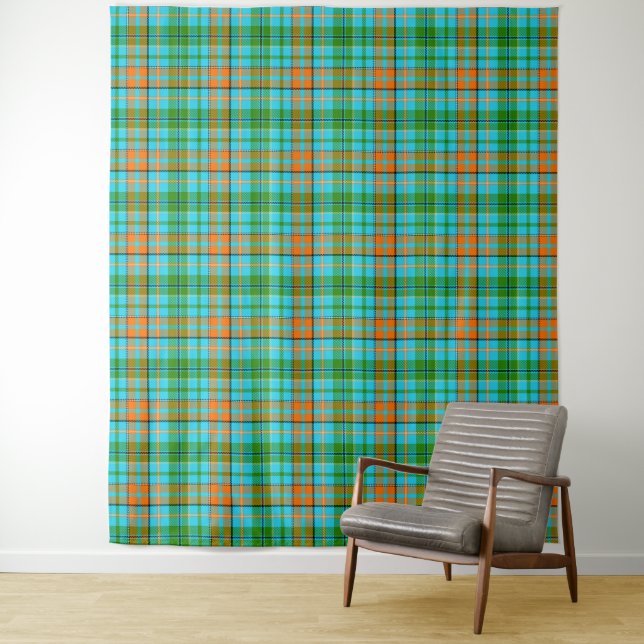 Tenture Dessin à carreaux tartan bleu orange vert  (En situation)