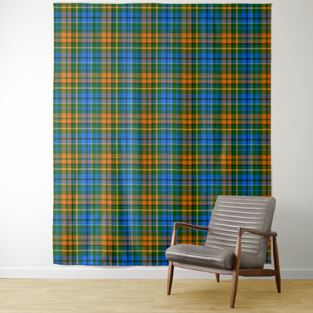 Tenture Dessin à carreaux tartan vert orange bleu  (En situation)