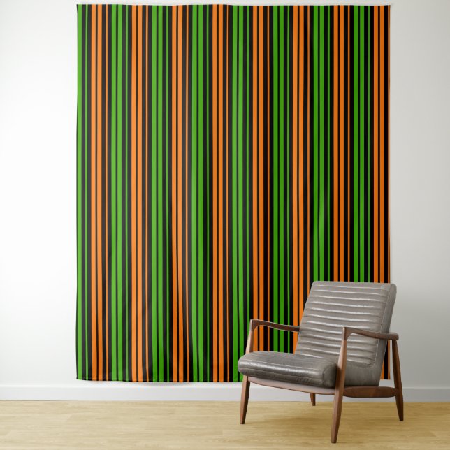 Tenture Dessin à rayures verticales orange vert noir   (En situation)