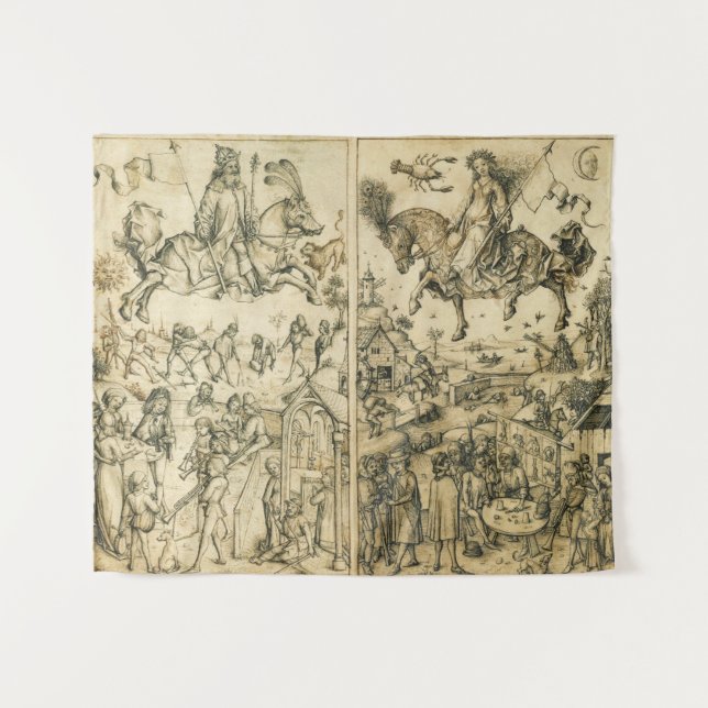 Tenture Dessin blanc noir antique d'astrologie du SOLEIL (Devant (Horizontal))