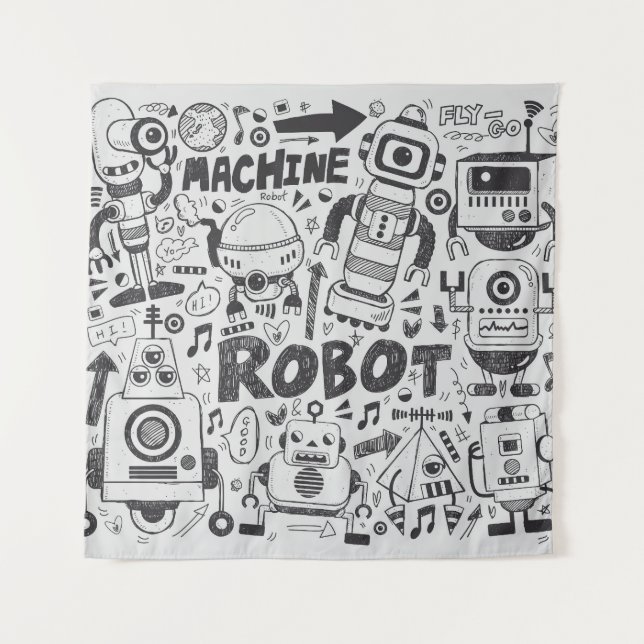 Tenture Dessin de l'illustrateur de robots à doodles (Devant)