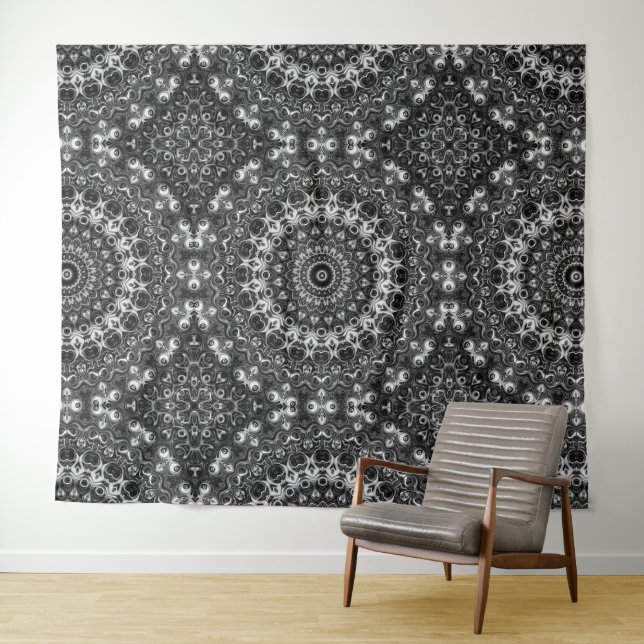 Tenture Dessin géométrique de mandala noir et blanc (En situation (horizontale))