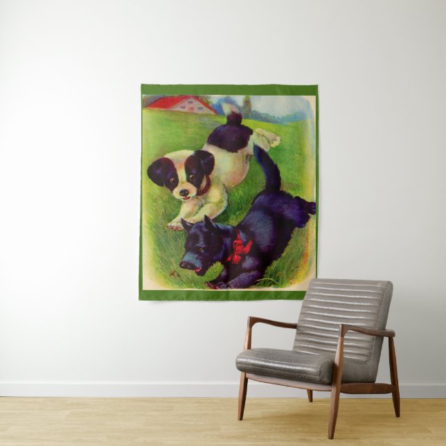 Tenture deux chiots, l'un avec une impression de chien Sco (En situation)