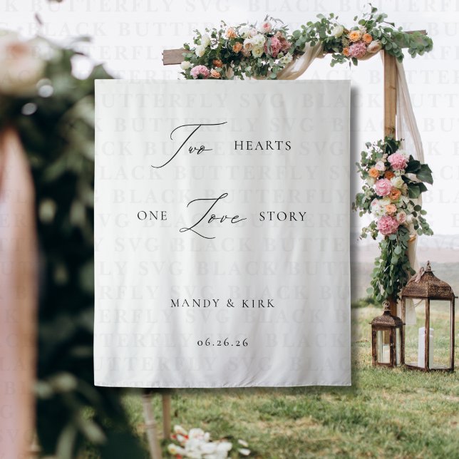 Tenture Deux cœurs, une histoire d'amour Bannière de fond  (Two hearts one love story wedding photo backdrop)