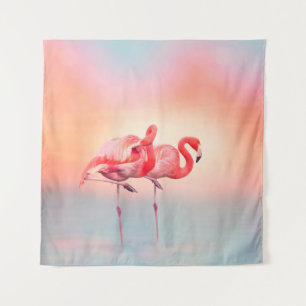 Tenture Deux flamants roses dans l'eau au coucher du solei