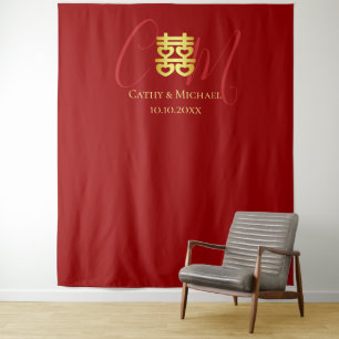 Tenture Deux initiales rouge chinois mariage photo arrière