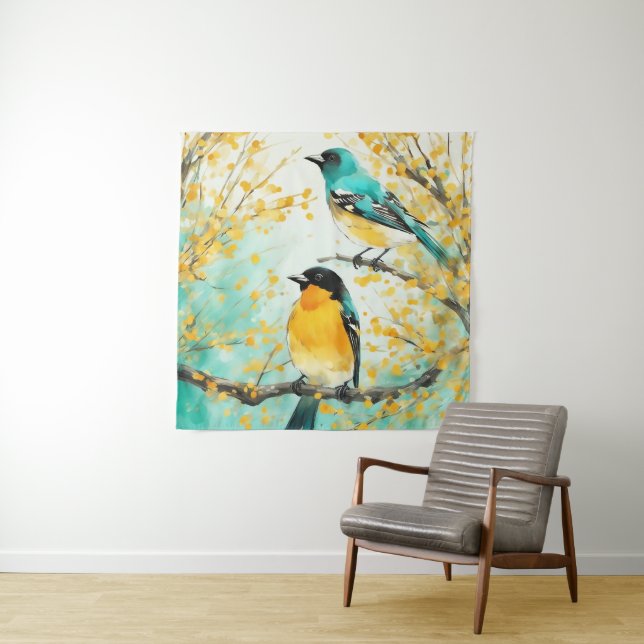 Tenture Deux oiseaux assis sur la branche de l'arbre (En situation)