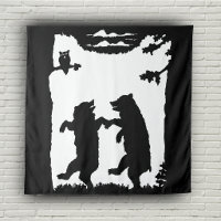 Deux ours noirs dansants, hibou, arbres, silhouett