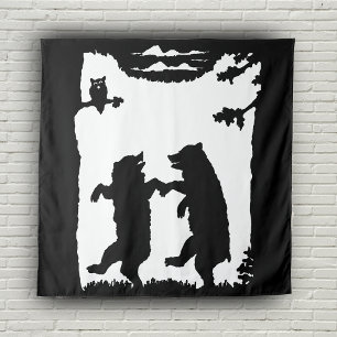 Tenture Deux ours noirs dansants, hibou, arbres, silhouett