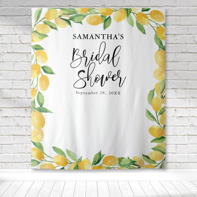 Tenture Déversement de Mariage Citron Aquarelle Agrumes (Watercolor yellow lemon fruit border bridal shower welcome backdrop perfect for photo ops.)