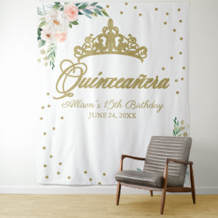 Tenture Diadème doré de Quinceanera avec fond floral rose