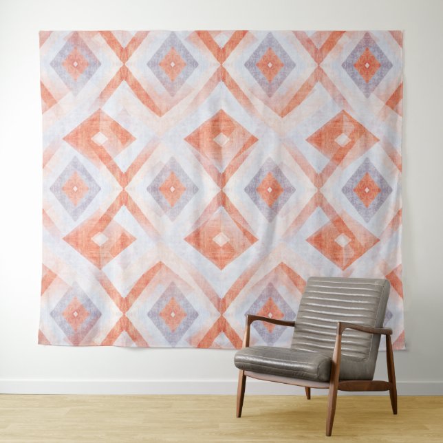 Tenture Diamant Rustique Géométrique en Terracotta et Bleu (En situation (horizontale))