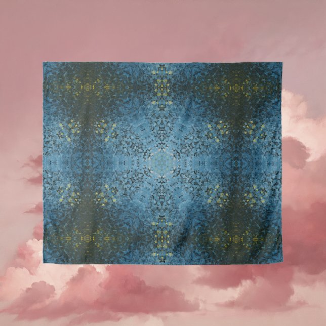 Tenture Digital Mandala bleu et jaune (Blue and Yellow Digital Paint Mandala Tapestry By Wormhole Orbital)