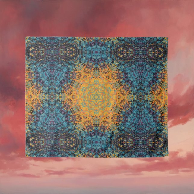 Tenture Digital Mandala jaune bleu et rouge (Yellow Blue and Red Digital Mandala Tapestry by Wormhole Orbital)