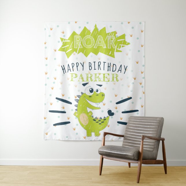 Tenture Dinosaure Vert Rugissant Joyeux Anniversaire Perso (En situation)