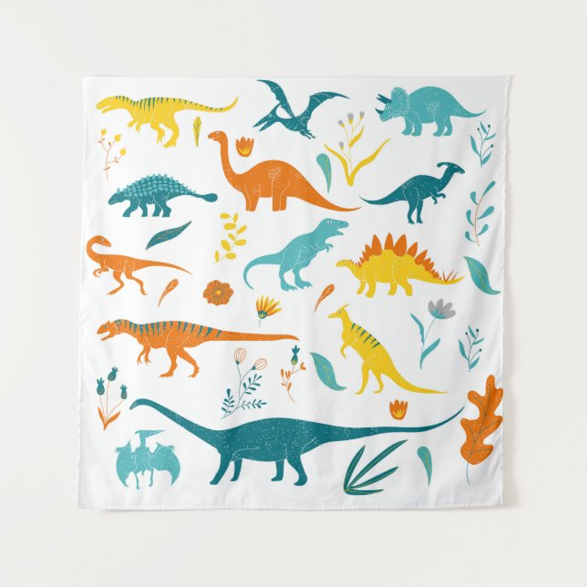 Tenture Dinosaures stylisés, éléments floraux, mignons. (Devant)