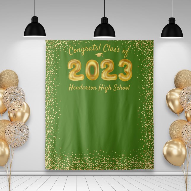Tenture Diplôme 2023 Ballons Dorés Fond Vert pour Photos (Créateur téléchargé)