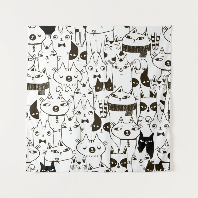 Tenture Doodle funny cats seamless pattern.  (Devant)