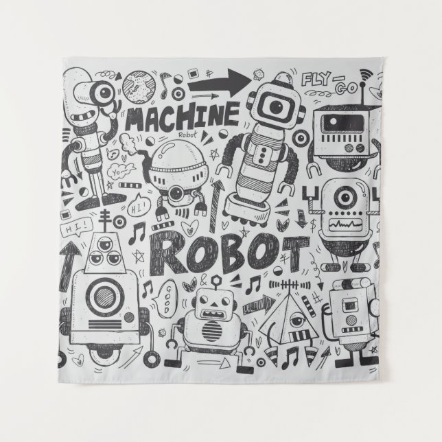 Tenture doodle robot élément, illustrateur ligne outils ti (Devant)