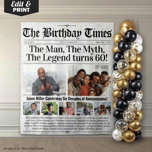 Tenture Dossier quotidien d'anniversaire personnalisé avec (Custom Birthday Newspaper Backdrop with Photos)