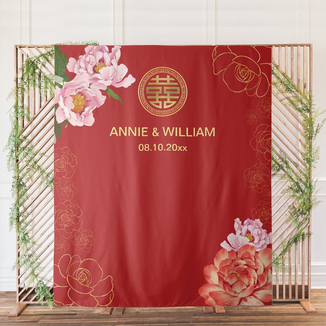 Tenture Double Xi chinois Mariage moderne arrière-plan (Modern Double Happiness Chinese Wedding Photo Prop Backdrop)