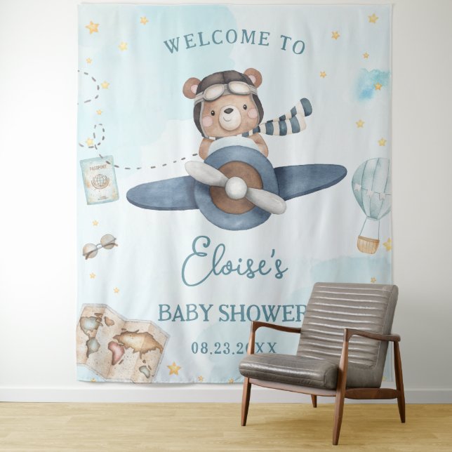 Tenture Douce Aventure Ours Bleu Avion Garçon Baby Shower (En situation)